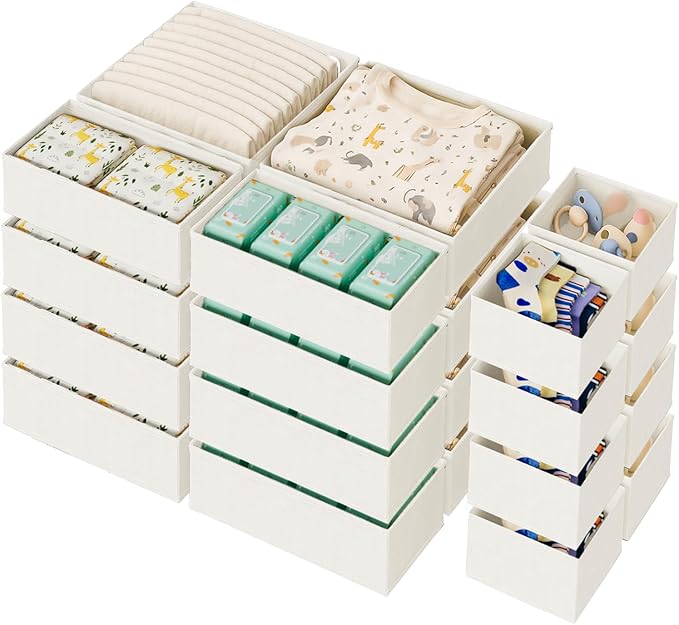 Sturdy Drawer Organizers (24-Pack) - Fabric Dresser Drawer Organizers & Dividers for Nursery Organization, Baby Organizers and Storage for Clothes, Socks & Underwear, White