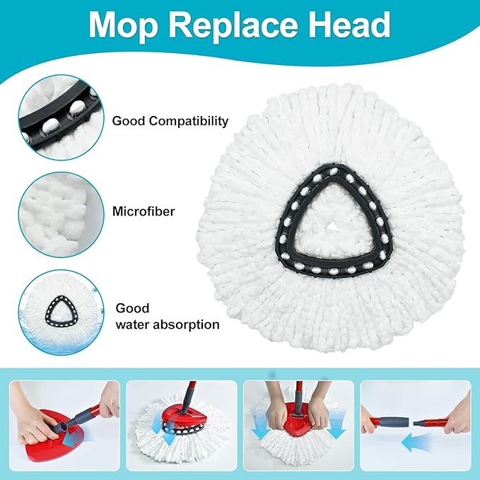 Spin Mop Replace Head, Base, Mop Handle Replacement for OCedar EasyWring 1 Tank System - Include 2 Microfiber Mop Head Replacement, 1 Sturdy Iron 30-58" Mop Handle, Head Cover and Scrubber