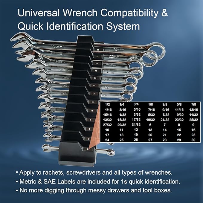 Wrench Organizer for Tool Box & Drawer, Reinforced Anti-Slip Toolbox Organizer System, Universal Tool Organizers and Storage for Wrenches & Screwdrivers (Metric & SAE Labels, No Magnet, Black, 42PC)