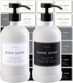 16oz Glass Soap Dispenser with Stainless Steel Pump, 21 Waterproof Labels, Non-Slip Protective Silicone Pad, Set of 2 for Bathroom & Kitchen (Matte White Bottle/Black Pump)
