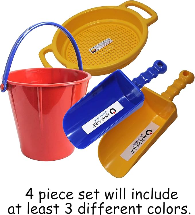 Spielstabil Sand Toys Bundle - Large Pail, Sieve and 2 Scoops (Colors Vary - Made in Germany)