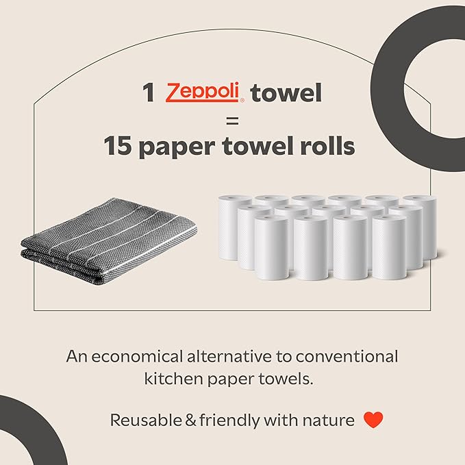 Zeppoli Classic Kitchen Towels - 6 Pack 100% Natural Cotton Towel Set, Reusable Wash Cloths, Absorbent Dish Towels, Machine Washable Hand Towels, Kitchen Essentials, 20" x 28" - Black VAR