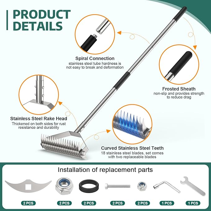 Lawn Rake for Yard, 304 Stainless Steel Thatch Rake for Lawns - Heavy Duty Dethatcher Blades with Adjustable Handle , Efficient Dethatching Rakes for Cleaning Dead Grass, Loosening Soil