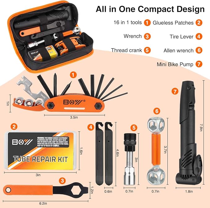 Bicycle Repair Bag With Tire Pump, Portable Tool Kit for Camping Travel - Bike Glueless Patches, Maintenance Essentials All in One Safety Kit