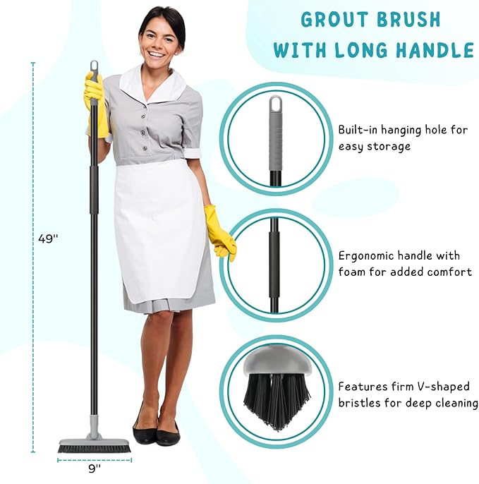 Grout Brush with Long Handle, 49'' Tile Cleaner Tool for Shower, Floors Scrubber for Bathroom Cleaning