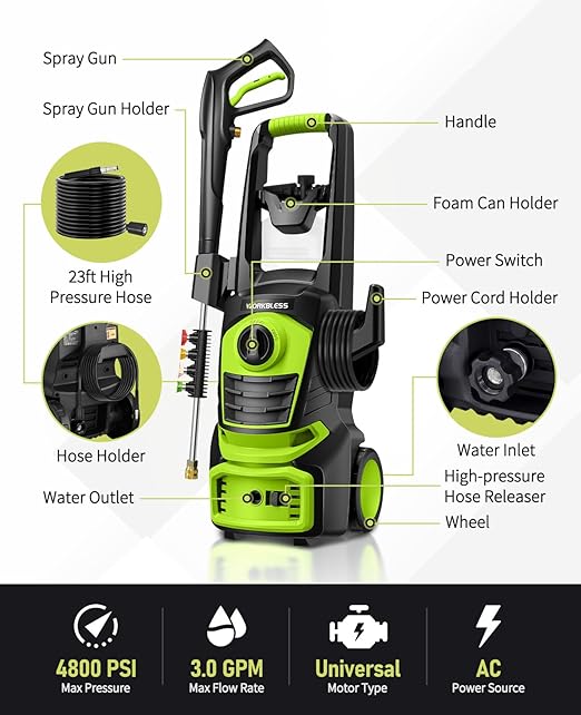 Electric Pressure Washer, 4800 PSI with 23FT Cord, 4 Quick Nozzles, Foam Cannon Electric Power Washers for Car, Garden, Patio, Driveways
