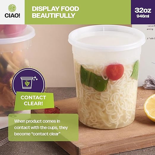 CIAO! 32OZ PP Injection Molded Soup-Deli Container with LLDPE Lid, Microwavable and BPA Free (240/240 combo pack)
