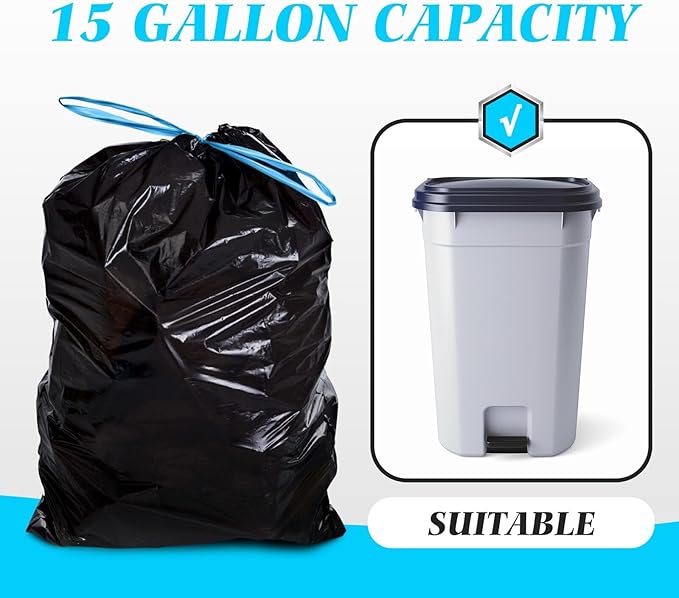 Teivio 15-16 Gallon 120 Counts Strong Tall Kitchen Drawstring Trash Bags, Medium Plastic Garbage Bags for Home Kitchen Garden Office Tall Trash Can, Black Waste Bin Liners