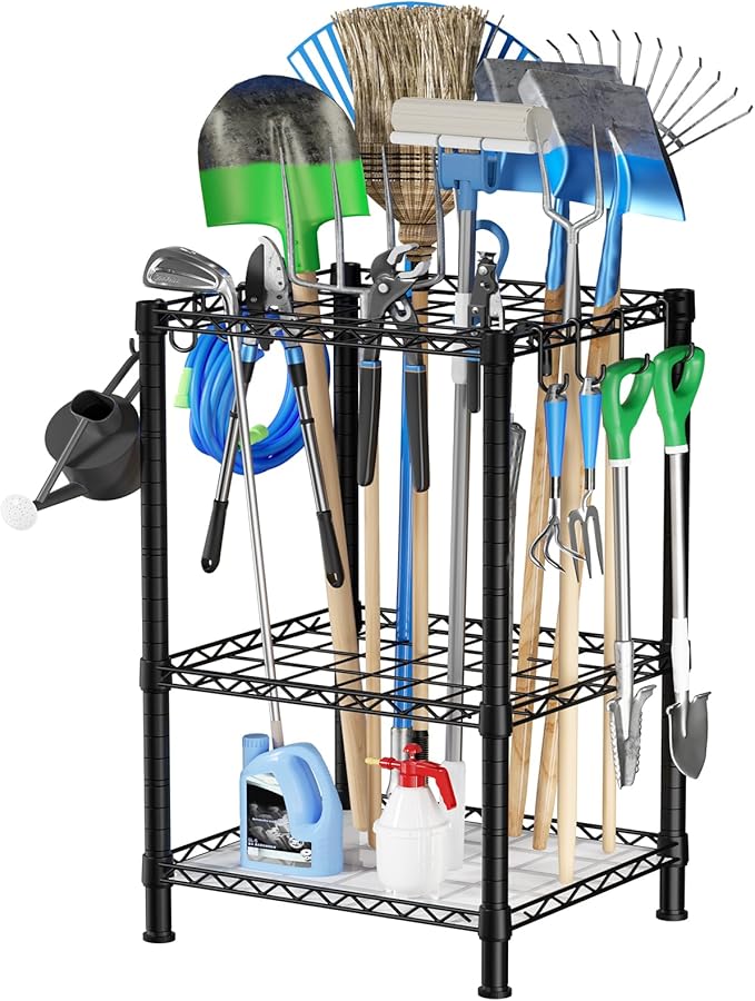 T2 Garden Tool Organizer（With Adjustable Shelf）Heavy Duty Garage Tool Storage for Yard，Shed，Outdoor and Lawn，Freestanding Tool Organizers and Storage UP to 45 Tools，Black with Anti-Tip Device