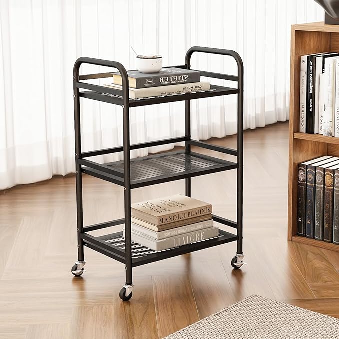 HDANI 3 Tier Rolling Cart,Heavy Duty Multifunctional Metal Frame-Supports 22 Lbs Per Tier,Rolling Cart with 2 Lockable Wheels for Office,Home,Bedroom,Kitchen,Bathroom (Black)…