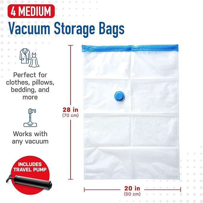 Spacesaver 4 Pack Medium Vacuum Storage Bags for Clothes - 28 x 20-Inch Vacuum Sealer Compression Bags with Hand Pump - Space Saver Storage Bag for Travel Essentials, Garments and Organization