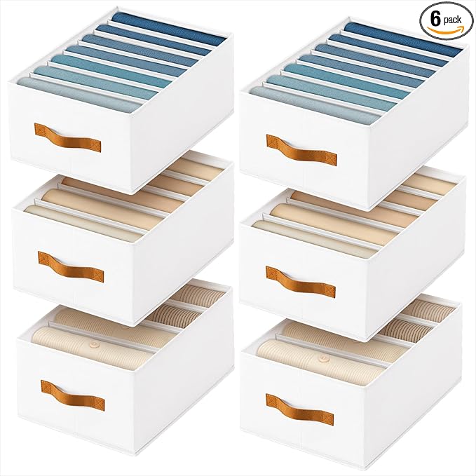 Homsorout Clothes Organizers and Storage - 4/5/7 Grids Fabric Jeans Organizer with Handles, Foldable Closet Organizers Dividers, Wardrobe organizer for Pant, Sweater, T-shirt, Scarf, 6 Pack, White