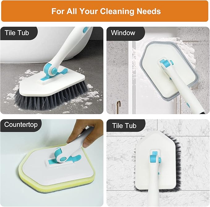 Long Handled Scrub Brush for Shower,3-in-1 Cleaning Brushes with 3 Different Function Cleaning Heads Brush for Shower Cleaning Bathroom Kitchen Walls Tub Tile (White)