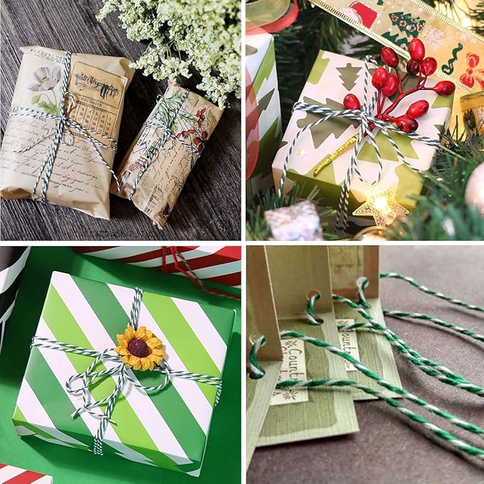 Cotton Twine Green and White Baker String 2mm Thick 328 Feet Christmas Twine for Gift Wrapping DIY Crafts Home Decoration Gardening