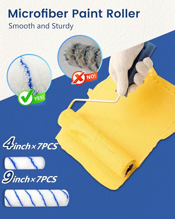 32PCS Paint Roller Kit with Extension Pole - 2 to 4 FT Pole, 4 inch 9 inch Paint Rollers, Paint Brushes for Walls, Painters Tape & Drop Cloth, Microfiber Roller Covers for Professional Painting