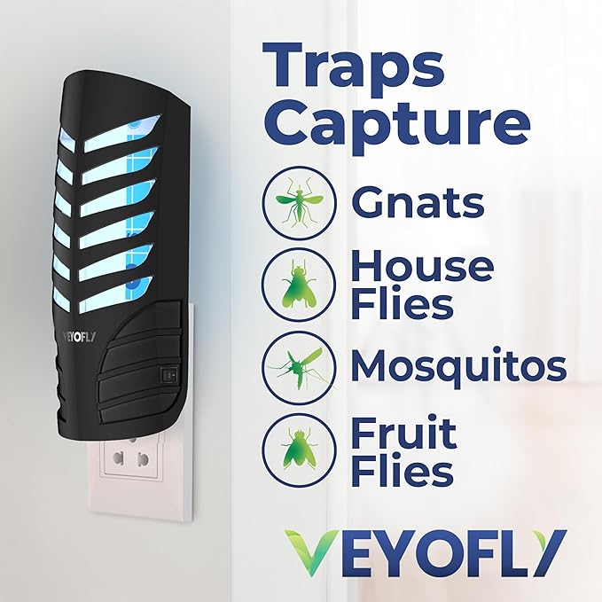 VEYOFLY Fruit Fly Traps for Indoors, Fly Trap Indoor, (1 Device + 3 Refills) Fly Catcher Indoor, Gnat Traps for House Indoor, Fly Trap, Plug in Light Flying Insect Trap, Bug Killer