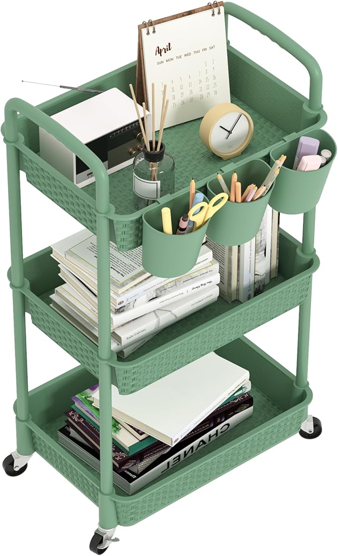 MOYIPIN 3-Tier Plastic Rolling Utility Cart with Handle,Utility Storage Cart for Office, Living Room, Kitchen,Movable Storage Organizer Shelves,Green with 6 Hanging Cups