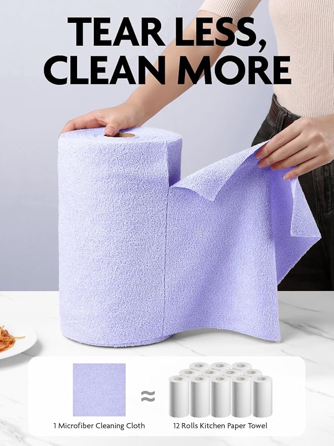 Fantasticlean Microfiber Cleaning Cloth Roll -75 Pack, Tear Away Microfiber Towels, 12" x 12", Reusable, Washable, Scratch Free, Ultra Absorbent Dishcloth for Home Supplies, Car, Pet (Lavender)