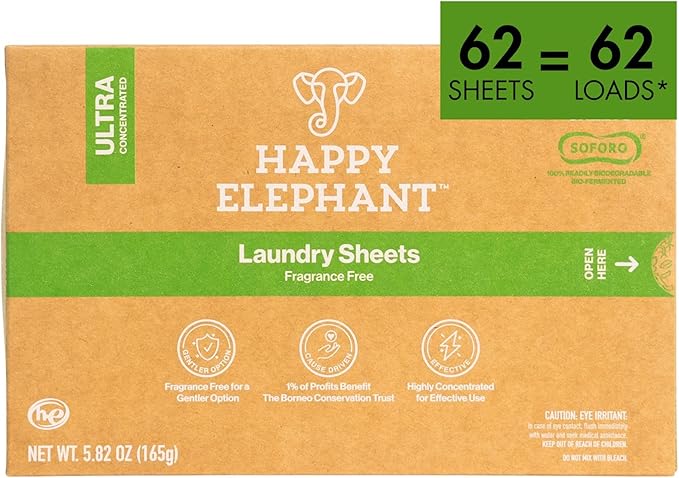 Happy Elephant Laundry Detergent Sheets, Fragrance Free, Natural Biodegradable Laundry Sheets, Plant Based, Tough on Stains, Gentle on Skin, Compatible with HE & Any Washing Machine, 62 Sheet, 1 Pack