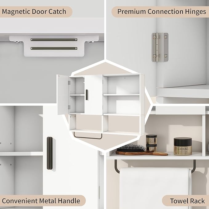 Wooden Bathroom Organizers, Over The Toilet Storage Cabinet with 2 Doors, Adjustable Shelves & Towel Bar, Wall Mounted Medicine Cabinet for Kitchen & Laundry, White