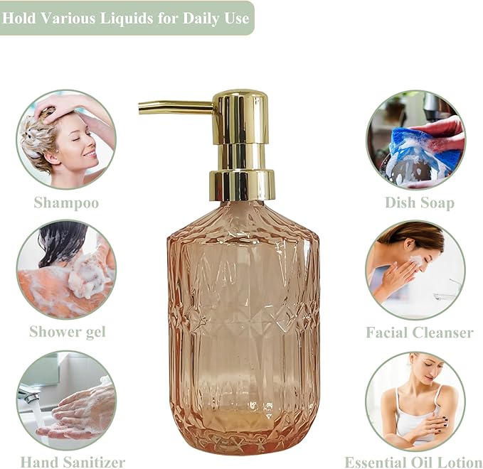 Glass Soap Dispenser with Gold Pump, 15oz Liquid Hand Dispenser, Refillable Lotion Dish Soap Dispenser for Modern Home Decor, Bathroom, Kitchen Countertop, Hotel(Amber)