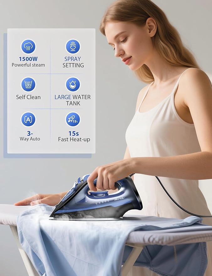 Sundu Steam Iron for Clothes with Rapid Heating Ceramic Coated Soleplate, 1500W with Precise Thermostat Dial, Self-Cleaning, Auto-Off, 15.21oz Water Tank for Home Clothes Ironing Use, Blue