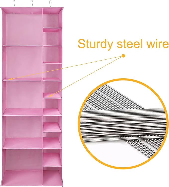 Libeder Shoe Organizer for Closet, 15 Shelf Hanging Closet Storage Shelves - 10 Shoe Rack Organizer and 5 Compartment for Clothes with 6 Side Mesh Pockets for Scarves Socks,Gloves Pink