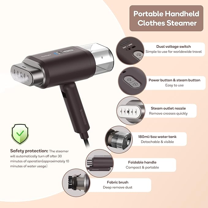 Newbealer Dual Voltage Garment Steamer 120V/220V, 1200W Powerful Steamer for Clothes, Home & Travel Use, Horizontal & Vertical Steaming, 20s Heat-up, Foldable, 1.72lbs, 180ml (Brown)