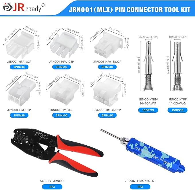 JRready ST6557 MLX 13.5A Connector Kit Crimper Pin Extraction Tool 2 3 6 Pin Power Connectors Male Female 14-20AWG Crimp Terminals Automotive Electrical Molex .084” Wire Connectors 6.35mm Pitch