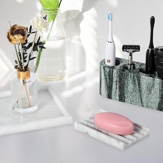 2PCS Koville Italian Natural Marble Soap Dish for Shower, Stone Soap Tray for Bathroom, Bar Soap Holder for Sink, Stripe Grooves Saver Keep Bars Dry Easy Clean (Bianco Carrara)