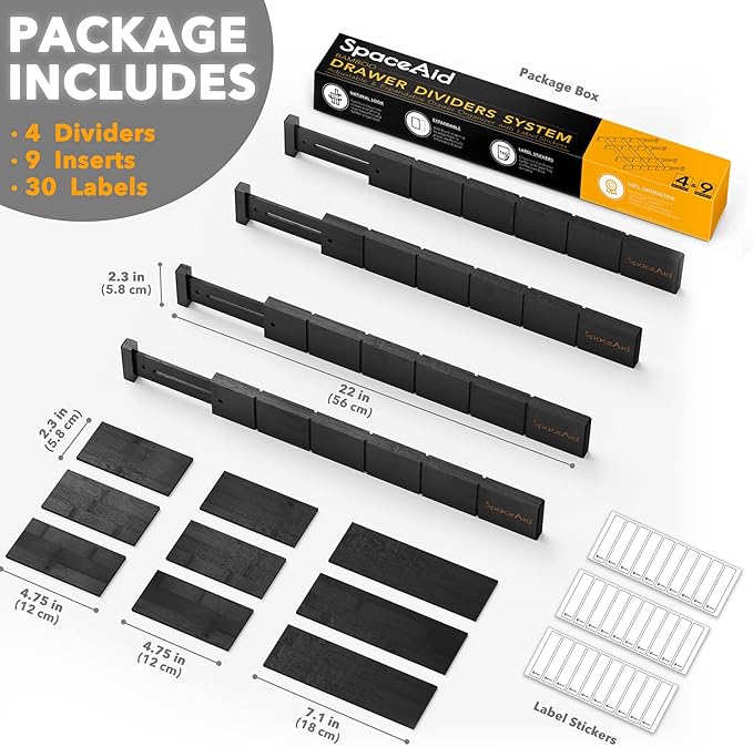 SpaceAid Bamboo Drawer Dividers with Inserts and Labels, Kitchen Adjustable Drawer Organizers, Expandable Organization for Home, Office, Dressers, 4 Dividers with 9 Inserts (17"-22" Black)