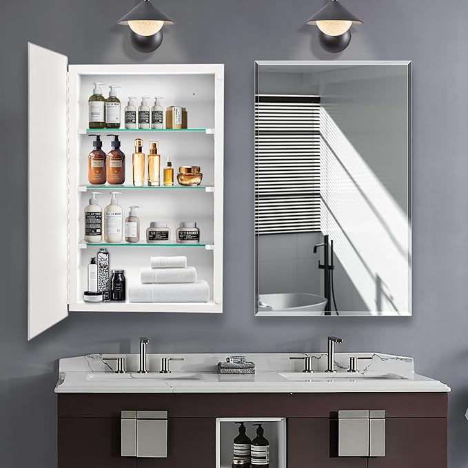 Bathroom Medicine Cabinet with 22x30 in Rectangular Beveled Frameless Mirror,Wall Mounted Mirror Cabinet for Bathroom Toilet Kitchen,Recess or Surface Mount,Already Assembly