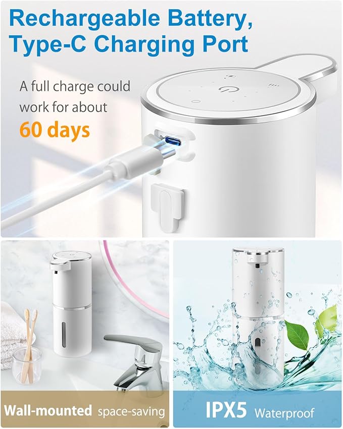 Automatic Foaming Soap Dispenser, 4-Level Adjustable Foam, Wall Mount, USB Rechargeable, 12.8oz/380ml, Touchless Hand & Dish Soap Dispenser for Bathroom, Kitchen, Hotel, Restaurant