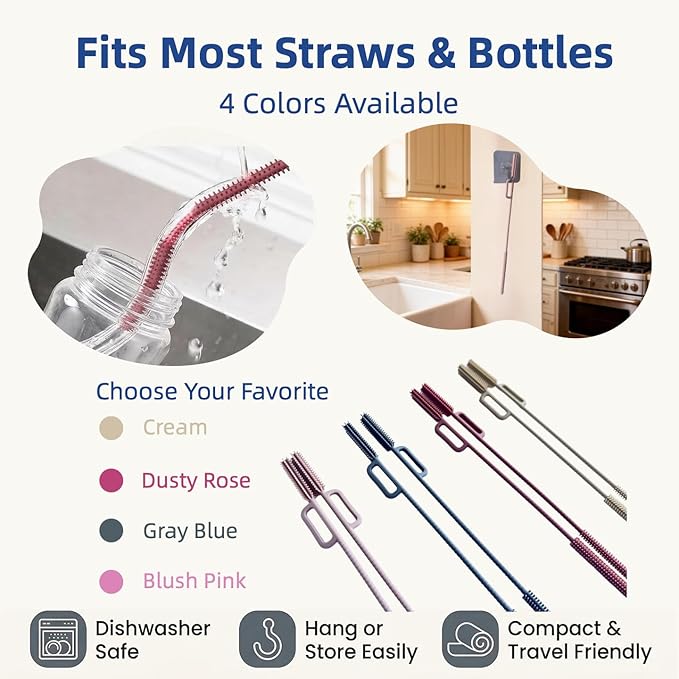 2-in-1 Dual-Head Straw Brush, Silicone Cleaning Brush for Straws & Lid Gaps, Long Flexible for Tumblers & Bottles, Non-Slip Handle, No-Scratch, 2 Pack (6mm & 9mm), Durable & Reusable (Dusty Rose)