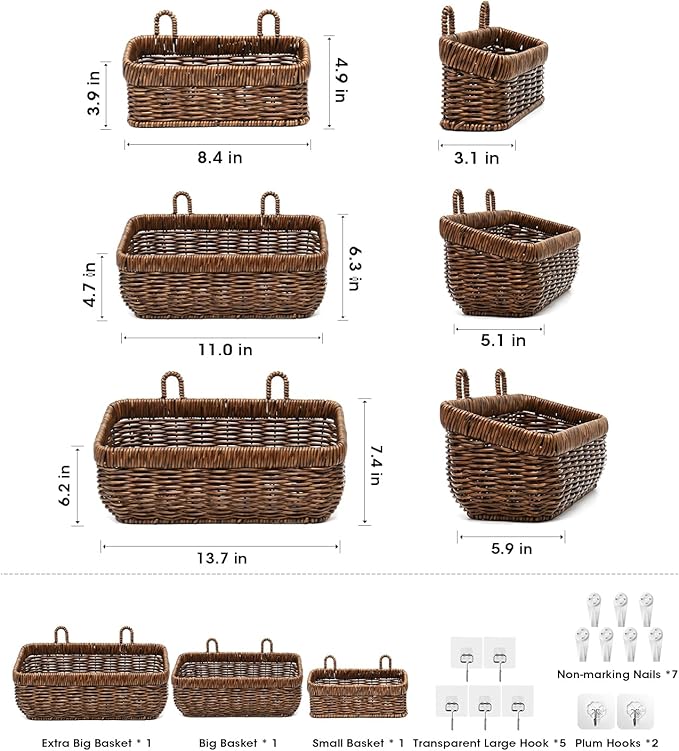 AceList Wall Hanging Basket, Boho Style Hand-Woven Hanging Storage Baskets - Set of 3, Ideal for Boho Room Decor, Kitchen, Garden, and Living Room(Brown)