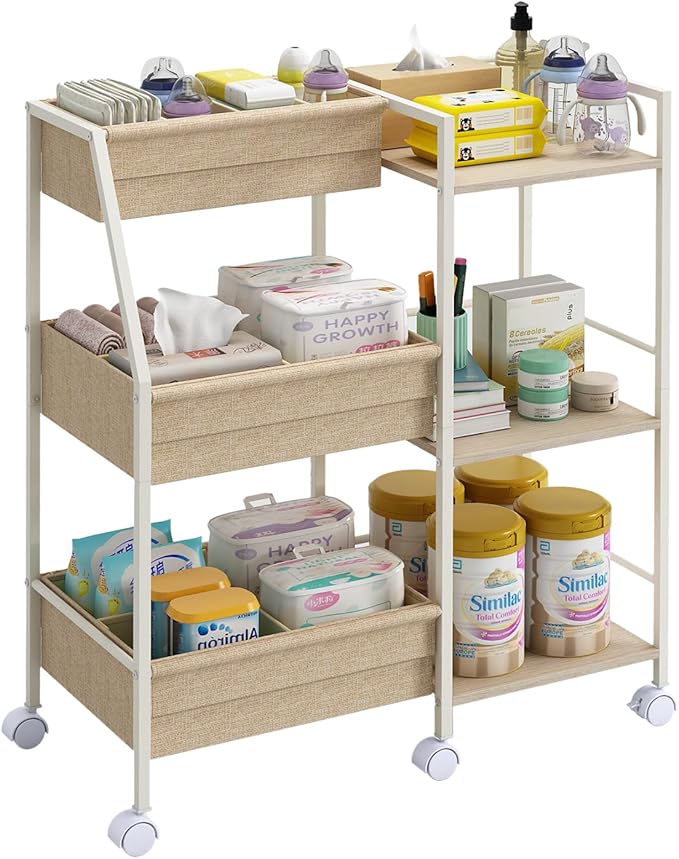 Baby Diaper Caddy Organizer Cart, 3-Tier Rolling Wheels Cart with Dividers and Shelves, Bedside Utility Cart for Nursery Essentials, Large Capacity Mobile Storage Cart for Crib, Bedroom