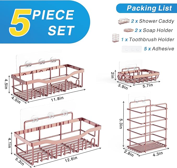 5-Pack Rustproof Stainless Steel Shower Caddy – No Drill Adhesive Bathroom Organizer with Large Capacity, Spacious Shower Shelves for Inside Shower, Kitchen & Home Decor Storage-XL Size