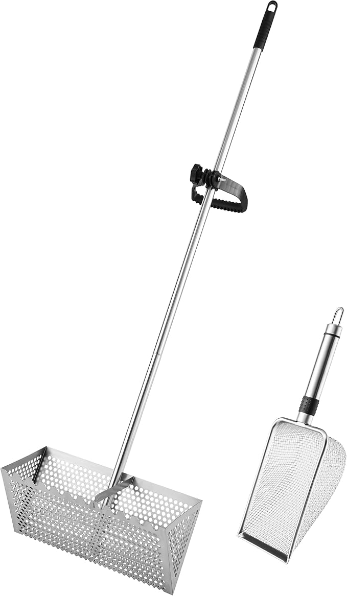 Sand Flea Rake 16" Wide - Detachable 54" Handle with Shark Tooth Screen - Steel Beach Rake for Fishing Bait, Shelling, Yard Cleaning - Saltwater Rust Proof & Portable