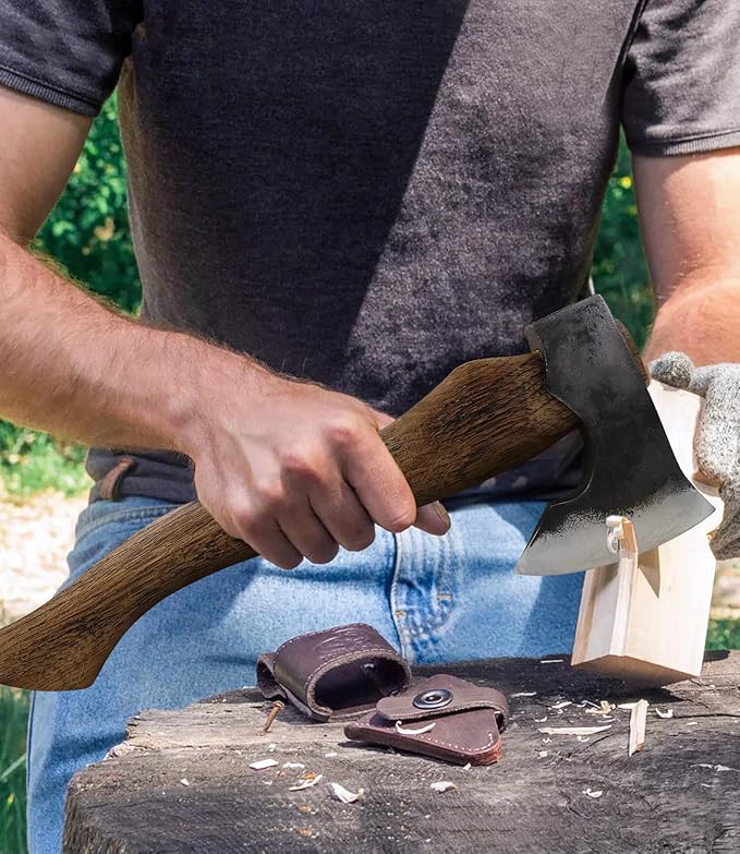 Camping Hatchet - 15.2 inches Chopping Axe for Wood Splitting and Kindling, 1065 High Manganese Steel and Beech Wooden Handle, with Leather Sheath