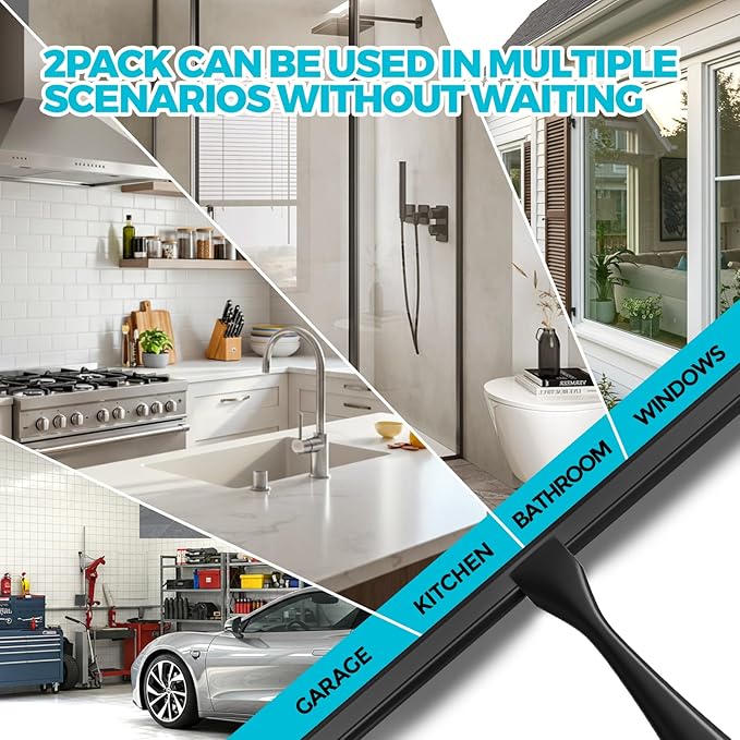 2PACK All-Purpose Shower Squeegee for Shower Doors, Tile Shower Walls, Bathroom, Window, Glass and Car Windshield, Mirrors and Kitchen-Stainless Steel, 10 Inches, Black