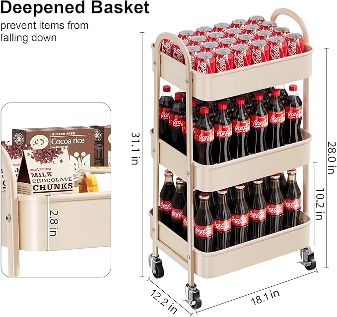 Khaki 3 Tier Rolling Cart Metal on Wheels, Three Tiered Storage Organizer Utility Trolley with Wheels for Art, Craft, Baby Diaper Caddy, Snack, Book, Nail, Lash, Cleaning Supplies, Kitchen, Bathroom