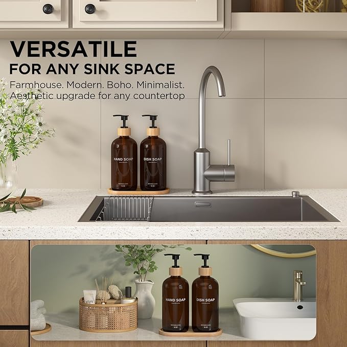 Hand and Dish Soap Dispenser Set,16oz Glass Bottles with Printed Labels, Bamboo Tray & Pump,Countertop Soap Dispensers for Kitchen,Luxury, Minimalist & Farmhouse Decor (Hand Dish (Amber))