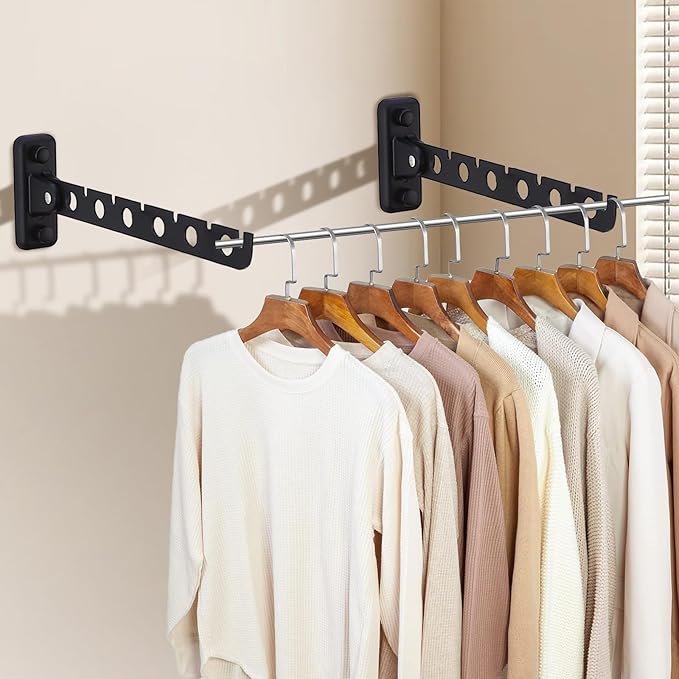 ACNISM Wall Mounted Clothes Rack, Laundry Room Hanging Rack, Retractable & Foldable Drying Rack with 180° Rotation, Space-Saver for Laundry Room & Bedroom, Bathroom Closet Storage, 2-Pack, Black