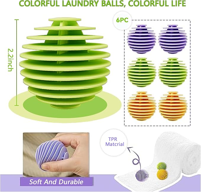 Reusable Dryer Balls Anti Static, 6 PCS Laundry Agitator Balls for Laundry, Non-Toxic Washing Balls Tangle Free for Washer, Softens Fabrics, Prevents Tangles, Enhances Cleaning (Large)