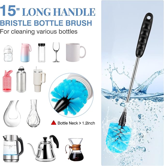 3-in-1 Stainless Steel Bottle Cleaning Brush Set - Long Handle for Narrow Neck, Sport, Baby, Flask, Straw, Tumbler, Cup