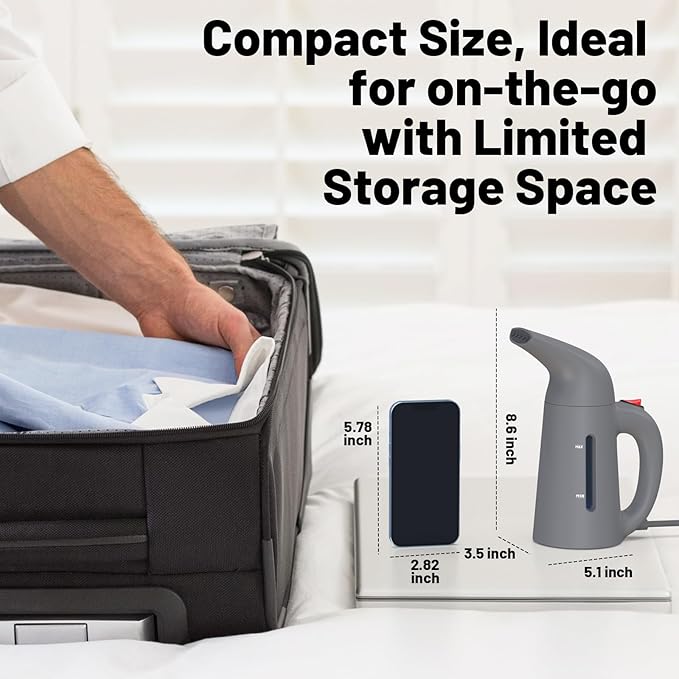 Steamer for Clothes, Handheld Garment Steamer, Portable Clothes Steamer Remove Wrinkle, 180ml Water Tank, 12 minutes Continuous Steam, 2.3 meter Cord, Ideal for ALL Fabrics, One button Design (Gray)