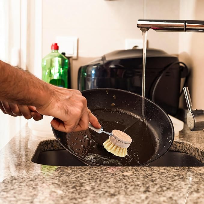 Boao Dish Brush with Beechwood Handle with 5 Replacement Heads Natural Wood Dish Scrub Brush for Washing and Cleaning Pots and Pans