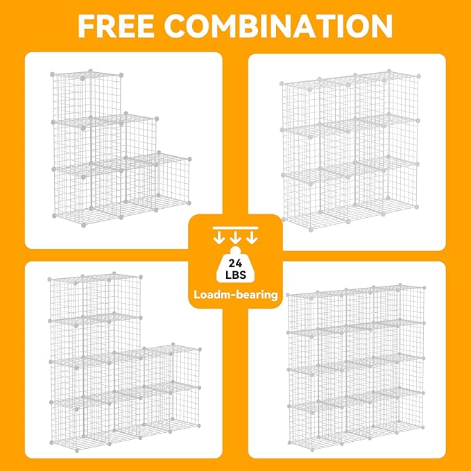 HUBSON Wire Cube Storage Organizer, Book/Toy/Craft/Potted Plants and Pet Closet Organizers, 16-Cube Freely Combinable Metal Grid Storage Shelf, White Iron