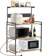 4-Tier Kitchen Baker's Rack with Power Outlet, Microwave Stand and Storage Shelves, Coffee Station Organizer (White Maple and Black)