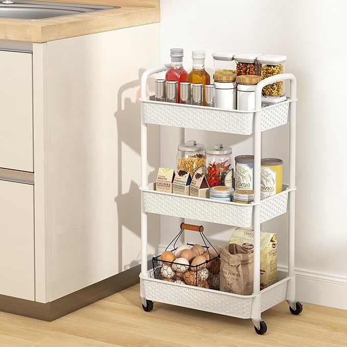 MOYIPIN 3-Tier Plastic Rolling Utility Cart with Handle,Utility Storage Cart for Office, Living Room, Kitchen,Movable Storage Organizer Shelves,White